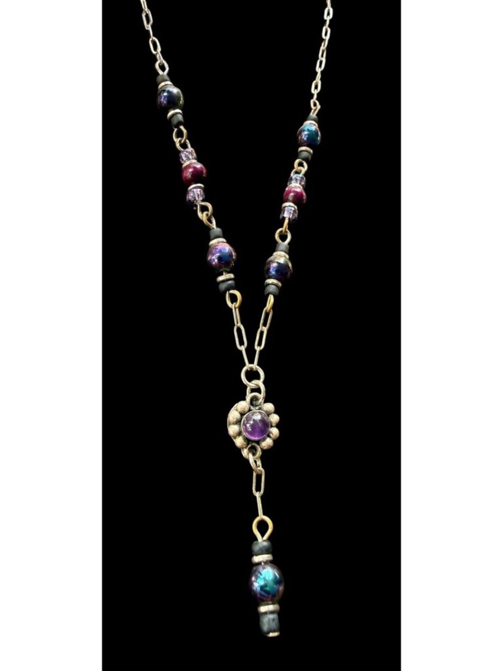 Vintage Midnight Purple Pearl Amethyst Sterling Silver Chain Necklace 16”